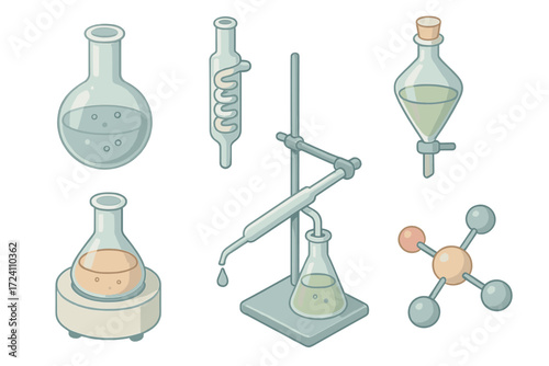 Organic Chemistry Lab Icons. Isometric vector illustration set Organic chemistry lab icons: round-bottom flask with solution,