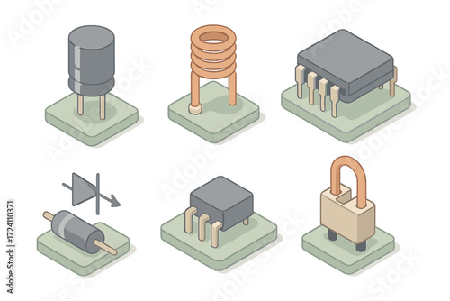 Electronic Components Set. Isometric vector illustration set Electronic components on board: capacitor with polarity stripe,