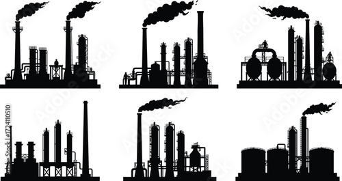 Industrial plant silhouette collection with smokestacks emitting pollution, tanks, and pipes for manufacturing, energy, and environmental concepts