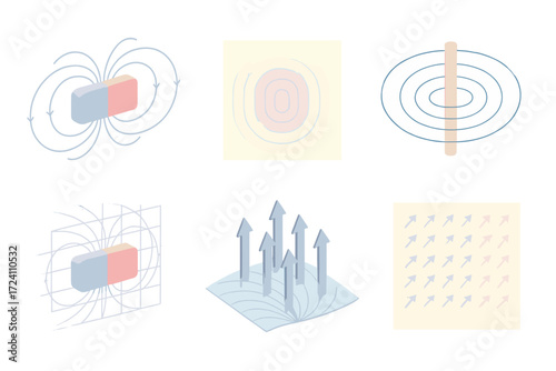 Magnetic Field Visualizations. Isometric vector illustration set Magnetic field visualization: magnetic flux lines diagram, field