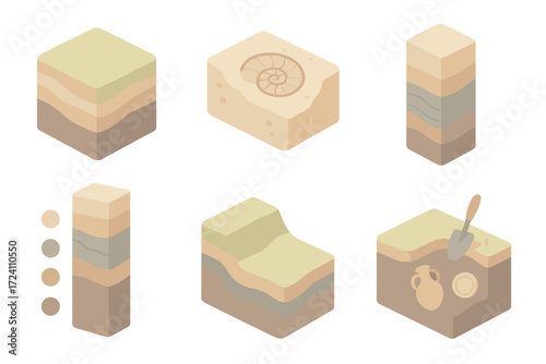 Geological Layers Illustration. Isometric vector illustration set Geological layers and strata: rock cross-section with layers,