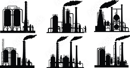 Industrial plant silhouettes, chemical factory icons, refinery structures, smoke stacks, engineering design, pollution concept, black vector illustrations, infrastructure elements