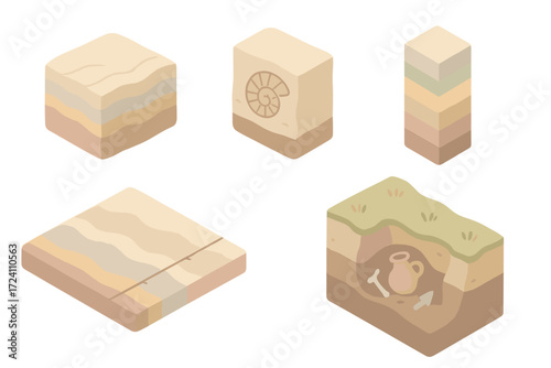 Geological Layers Illustration. Isometric vector illustration set Geological layers and strata: rock cross-section with layers,