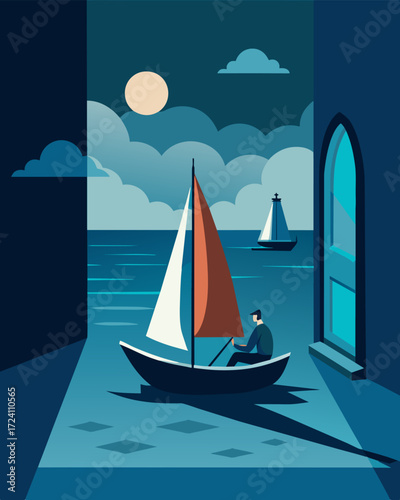 A sailboat sails into the harbor a solitary freelancer hard at work inside as they navigate towards their next job.. Vector illustration