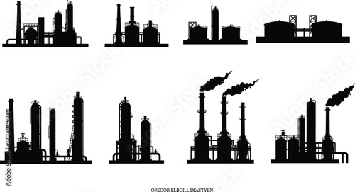 Industrial plant silhouettes with smokestacks, storage tanks, and piping systems for manufacturing, energy, chemical, and environmental design concepts.