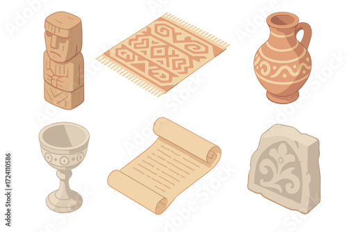 Cultural Heritage Icons. Isometric vector illustration set Cultural heritage items: carved wooden idol, ancient textile fabric,