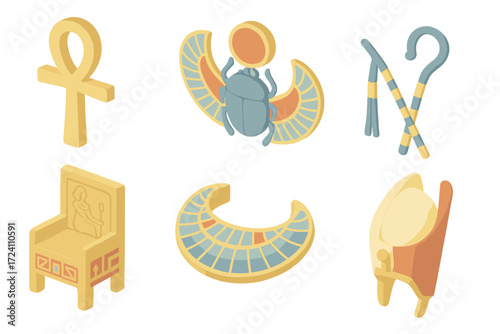 Ancient Egyptian Treasures. Isometric vector illustration set Ancient Egyptian treasures: golden ankh symbol, scarab amulet,
