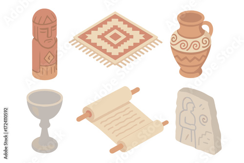 Cultural Heritage Icons. Isometric vector illustration set Cultural heritage items: carved wooden idol, ancient textile fabric,