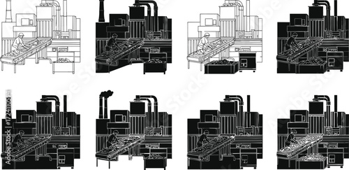 Industrial worker operating conveyor belt, factory production line, manufacturing process, heavy machinery, automation, labor, industry, warehouse, logistics, supply chain