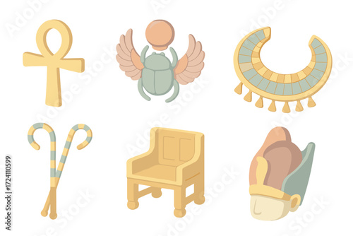 Ancient Egyptian Treasures. Isometric vector illustration set Ancient Egyptian treasures: golden ankh symbol, scarab amulet,