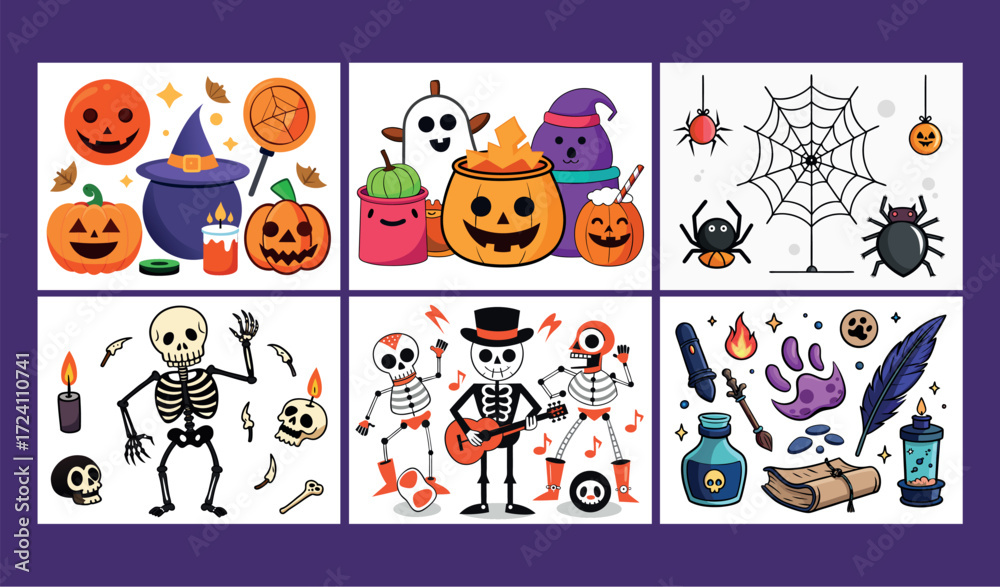 Fototapeta premium Spooky halloween icons and elements for festive autumn holiday decorations and designs