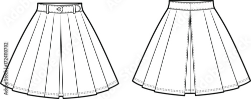 Pleated skirt fashion sketch, technical drawing, knife pleats, box pleat, waistband detail, garment construction, sewing pattern, apparel design, illustration