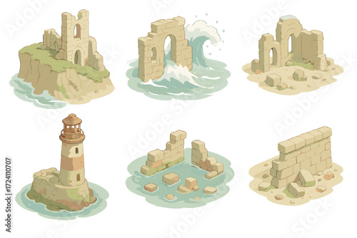 Eroded Coastal Ruins. Isometric vector illustration set Coastal ruins erosion: seaside cliff ruins, wave-damaged walls,
