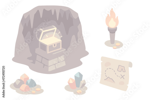 Cave Treasure Discovery. Isometric vector illustration set Hidden cave treasure: glowing chest in dark cave, stalactites above,