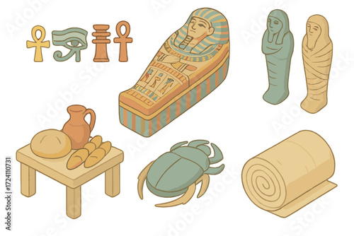 Ancient Egyptian Artifacts. Isometric vector illustration set Ancient Egyptian burial items: funerary amulet charms, painted