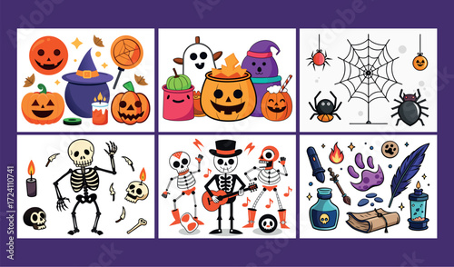 Spooky halloween icons and elements for festive autumn holiday decorations and designs
