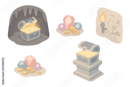 Cave Treasure Discovery. Isometric vector illustration set Hidden cave treasure: glowing chest in dark cave, stalactites above,
