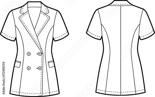Short-sleeve blazer sketch, double-breasted design, fashion illustration, notched lapel, flap pockets, garment construction, sewing pattern, apparel template, technical drawing