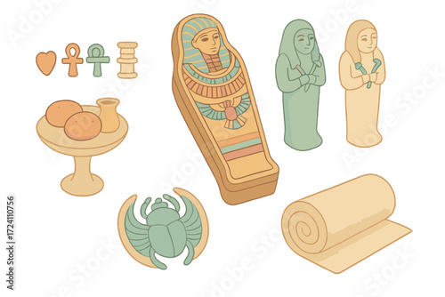 Ancient Egyptian Artifacts. Isometric vector illustration set Ancient Egyptian burial items: funerary amulet charms, painted