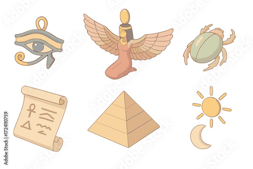 Spiritual Protection Symbols. Isometric vector illustration set Spiritual protection symbols: eye of Horus amulet, winged goddess