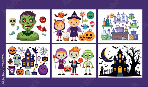 Adorable cartoon halloween characters and spooky scenes for festive designs