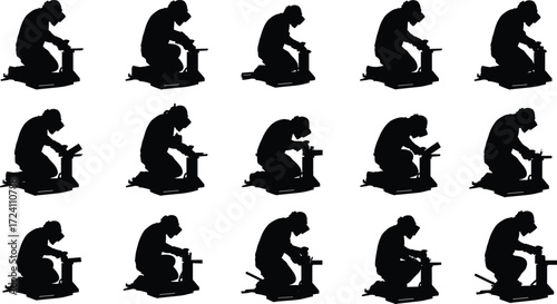 Silhouette of worker welding, industrial welder, construction man, factory labor, protective gear, sparks job, manufacturing, engineering, metalwork, workshop illustration
