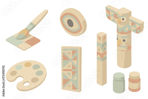 Totem Pole Painting. Isometric vector illustration set Totem pole painting and decoration: paintbrush with bright colors, painted