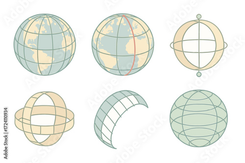 Earth Grid Illustration. Isometric vector illustration set meridian longitude latitude grid: earth sphere with grid lines, prime