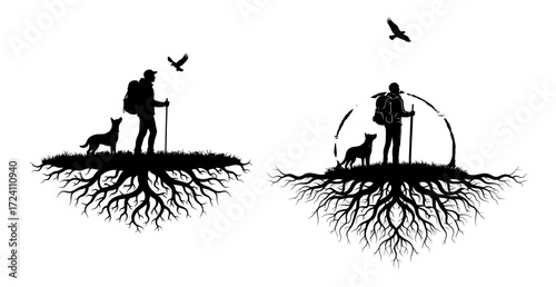 Vector art of two silhouettes of a hiker with a dog on a root system, nature adventure