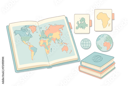 Atlas Book Illustration. Isometric vector illustration set atlas book world countries: modern educational atlas, colorful world