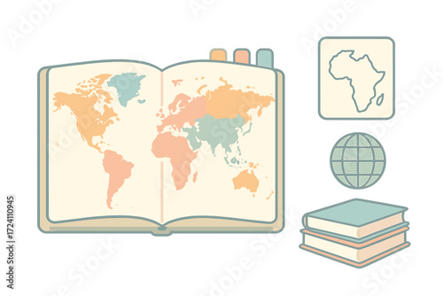 Atlas Book Illustration. Isometric vector illustration set atlas book world countries: modern educational atlas, colorful world
