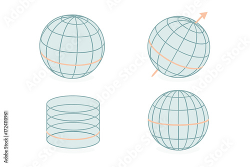 Isometric Globe Grid. Isometric vector illustration set meridian longitude latitude grid: abstract globe grid mesh, tilted axis