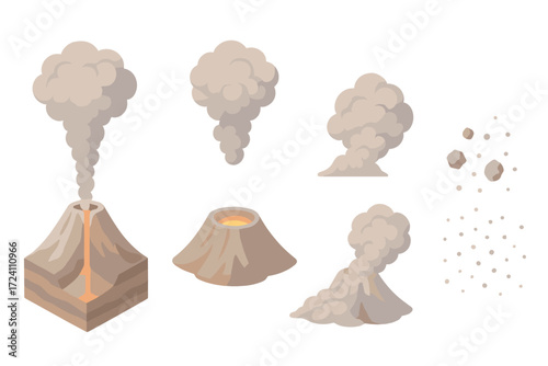 Volcanic Eruption Isometric. Isometric vector illustration set volcanic ash eruption plume: volcanic mountain cross-section, ash