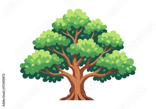 A vibrant green tree a sturdy brown trunk, its lush foliage a dense canopy