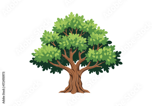 Illustration of a lush green tree a thick trunk broad canopy, , natures beauty