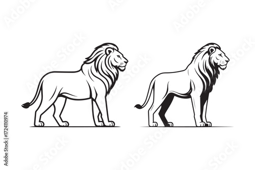 Two majestic lions standing side by side in outline style