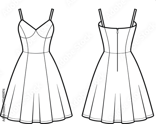Sweetheart neckline dress sketch, fashion illustration, princess seams, flared skirt, technical drawing, garment construction, sewing pattern, apparel design, template