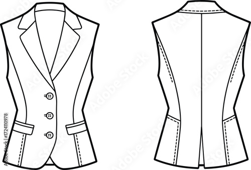 Tailored women’s blazer sketch, fashion illustration, notched lapel, flap pockets, princess seams, technical drawing, garment construction, sewing pattern, apparel template