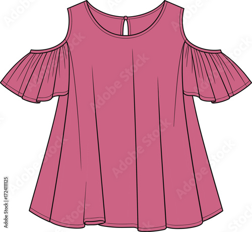 Dusty Rose Cold Shoulder Blouse Technical Drawing, Fashion Vector Illustration for Women's Apparel Design and Clothing Mockup, Isolated on White.