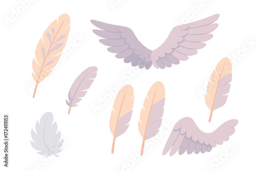 Feather and Wing Icons. Isometric vector illustration set feather flight wing molt: decorative plume feather, spread wing