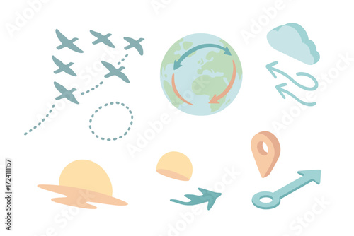 Bird Migration Vistas. Isometric vector illustration set migration route flock season: flying bird flock in V formation, dotted