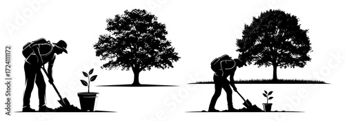 Vector art of silhouette of people planting trees, symbolizing environmental conservation and reforestation efforts