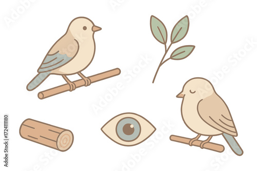Pastel Bird Perch. Isometric vector illustration set perch branch rest observe: small bird perched upright, slender twig with