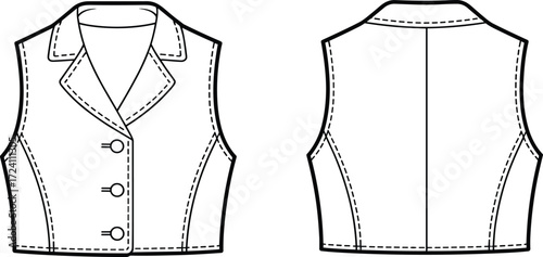 Women's sleeveless vest, technical fashion sketch, front and back view, princess seams, notched lapel, garment construction, apparel design, sewing pattern