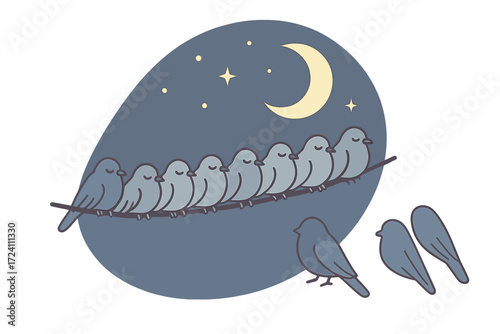Nighttime Roost Serenity. Isometric vector illustration set roost nighttime sleep shelter: flock perched on power line, night sky