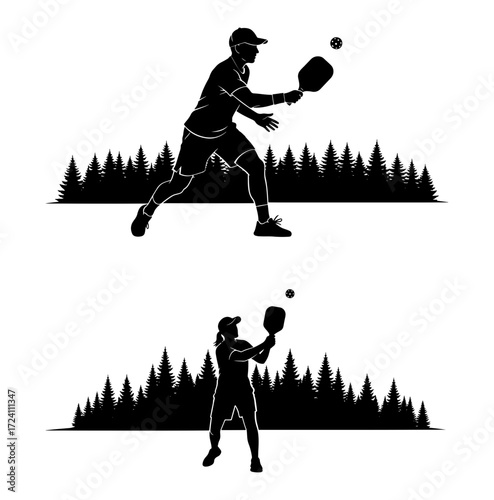 Vector art of silhouette of pickleball player hitting ball with pine tree background