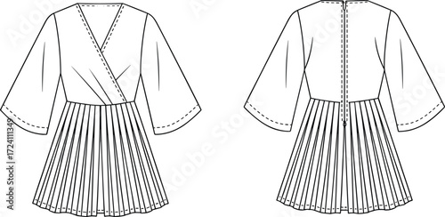 Women's wrap dress, technical fashion sketch, front and back view, pleated skirt, V-neckline, zipper closure, garment construction, sewing pattern