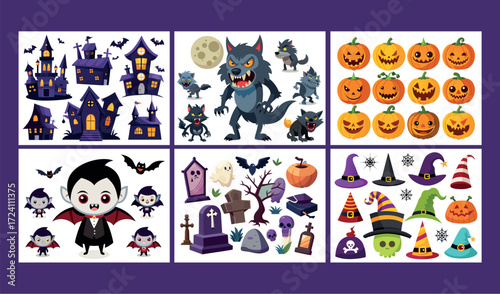 Spooky halloween collection pumpkins vampires werewolves haunted houses and witch hats for festive decor