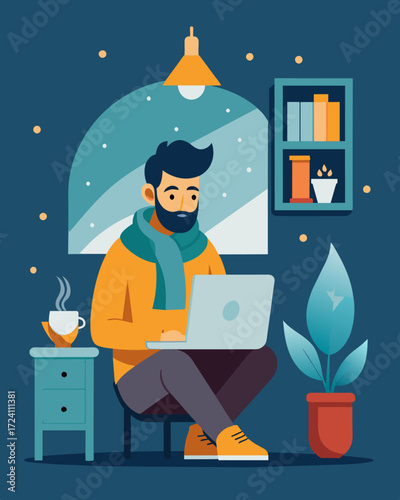 As the chilly winds howl outside the freelancer cozies up in their makeshift office typing away on their laptop.. Vector illustration