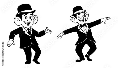 Vector art of cartoon character in suit and hat dancing, vintage style and cheerful expression